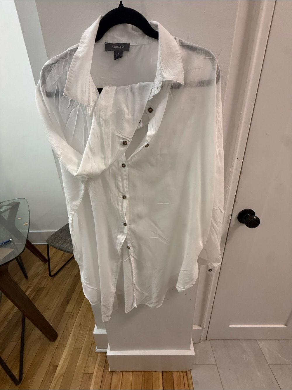 White Long-Sleeve Button-Up Shirt great for a fiver up see through